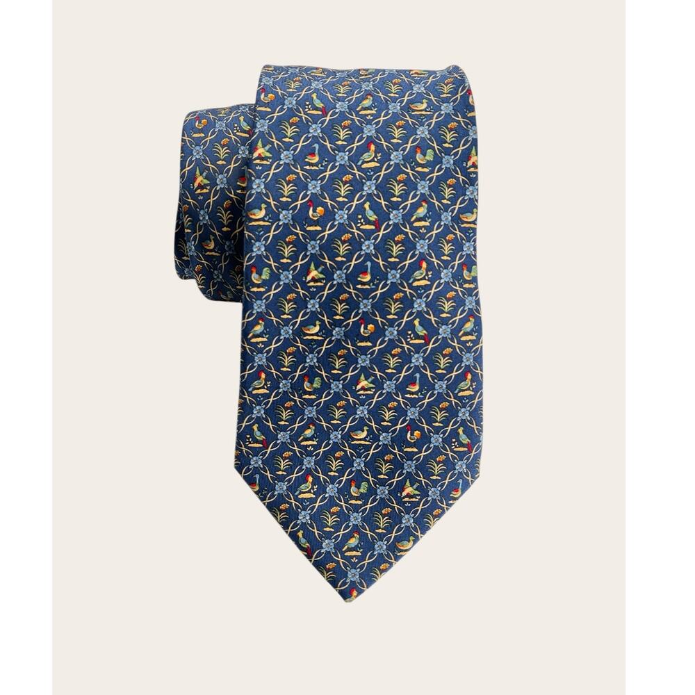 Salvatore Ferragamo Men's Silk Tie Navy Blue Animal Lattice Rooster Swan Italy